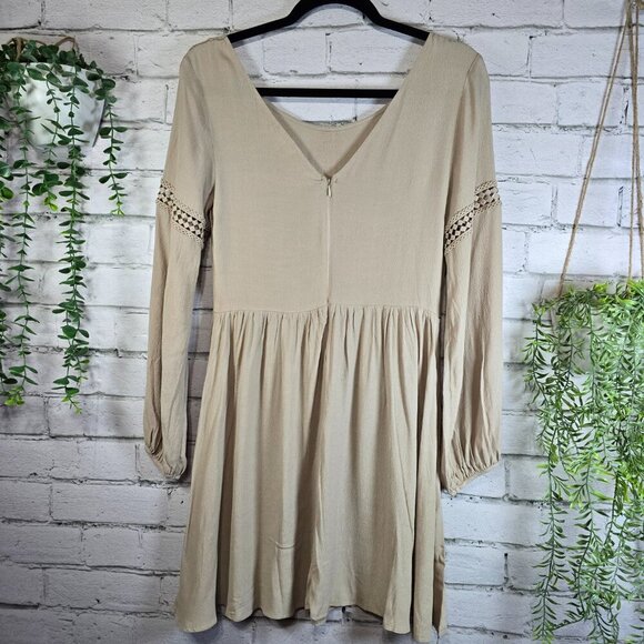 LACE FRONT BOHO STYLE DRESS BY  SOIEBLEU TAN LONG SLEEVE SIZE MEDIUM - Picture 4 of 6